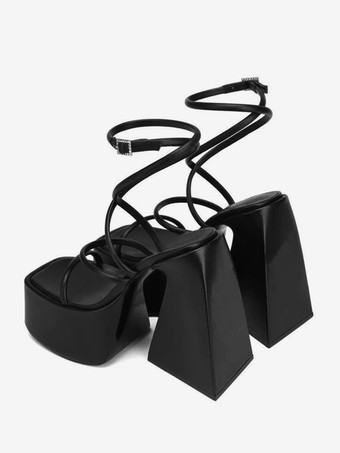 ブロックヒールサンダル プラットフォーム スクエアトゥ ストラップ ホームカミングシューズ