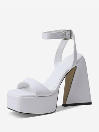 ホワイト レディースヒールサンダル スクエアトゥ プラットフォーム チャンキーヒール ホームカミングシューズ