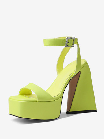 イエローレディースヒールサンダル スクエアトゥ プラットフォーム チャンキーヒール ホームカミングシューズ