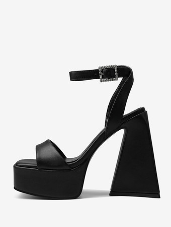 ブラック レディースヒールサンダル スクエアトゥ プラットフォーム チャンキーヒール ホームカミングシューズ