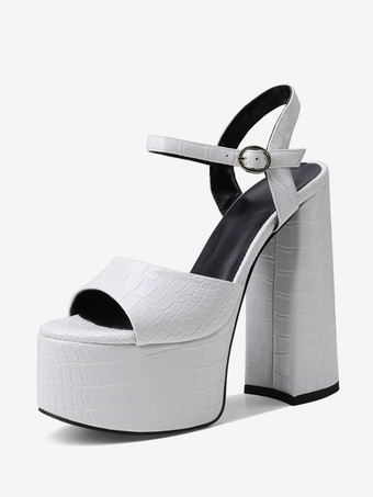 ホワイト ゴールドハイヒールセクシーサンダル プラットフォームピープトゥ 2インチ 5.7インチ チャンキーヒールサンダル