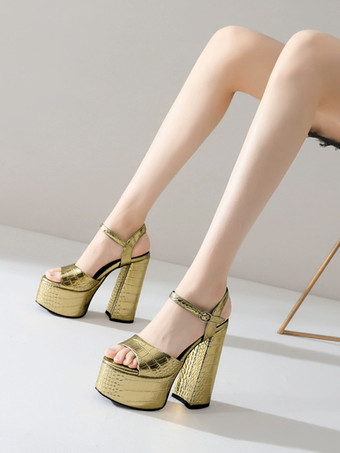 ゴールドハイヒールセクシーサンダル プラットフォームピープトゥ 2インチ 5.7インチ チャンキーヒールサンダル