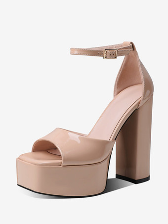 abricot Sandales à talons compensés pour femmes bout carré talon épais bride à la cheville