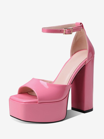 rose Sandales à talons compensés pour femmes bout carré talon épais bride à la cheville