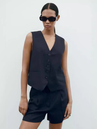 ダークネイビーコットンリネンパンツセット クラシック ノースリーブ カジュアル ミニマリスト 2ピース コーデセット レディース 2025