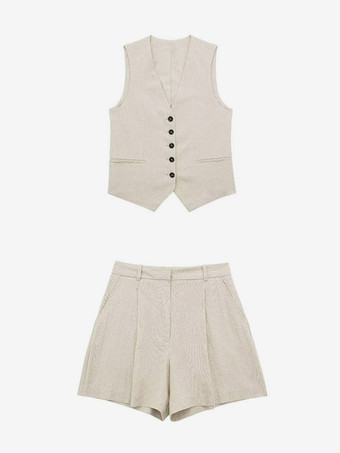 アイボリー コットンリネンパンツセット クラシック ノースリーブ カジュアル ミニマリスト 2ピース コーデセット レディース 2025