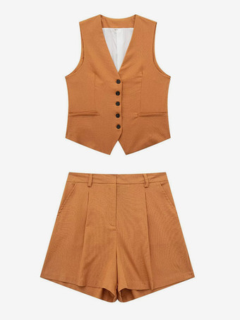 オレンジ コットンリネンパンツセット クラシック ノースリーブ カジュアル ミニマリスト 2ピース コーデセット レディース 2025