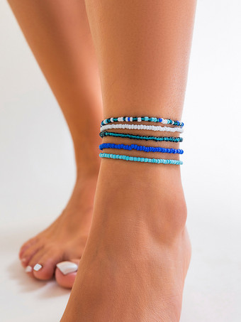 ブルー アンクレット カラフルなビーズのレイヤード ボヘミアン 樹脂 ビーチ アンクル チェーン