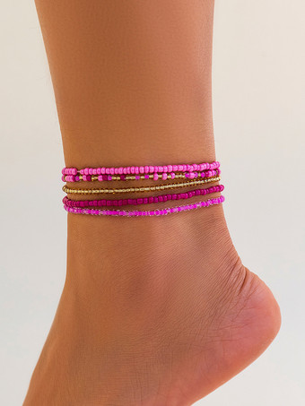 ローズレッドアンクレット カラフルなビーズのレイヤード ボヘミアン 樹脂 ビーチ アンクル チェーン