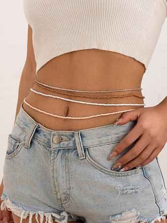 ブラウン ボディチェーン カラフルなビーズ 樹脂 ボヘミアン ビーチ ウエストチェーン