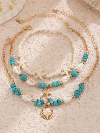 アンクレット ヒトデ タカラガイ 貝殻 ビーズ レイヤード ビーチ アンクル チェーン