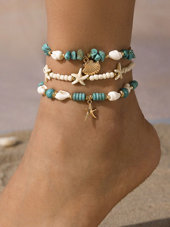 アンクレット ヒトデ タカラガイ 貝殻 ビーズ レイヤード ビーチ アンクル チェーン