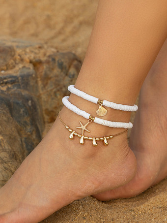ホワイト アンクレット ヒトデ タカラガイ 貝殻 ビーズ レイヤード ビーチ アンクル チェーン