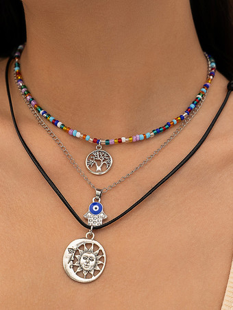 ブラック ネックレス ビーズ エナメル レイヤード ボヘミアン ネックレス ペンダント付き