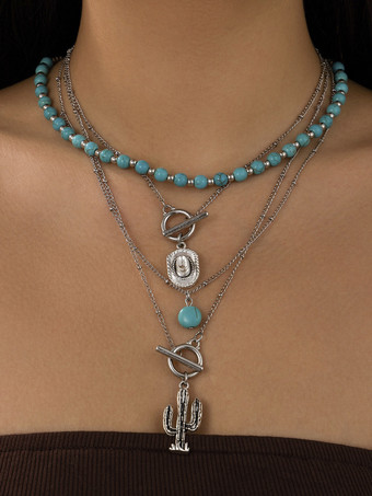 ブルーグリーンネックレス ビーズ エナメル レイヤード ボヘミアン ネックレス ペンダント付き