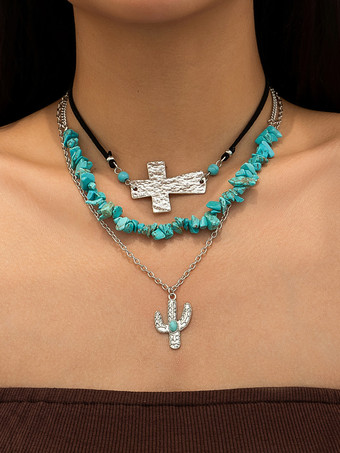 ターコイズグリーンネックレス ビーズ エナメル レイヤード ボヘミアン ネックレス ペンダント付き
