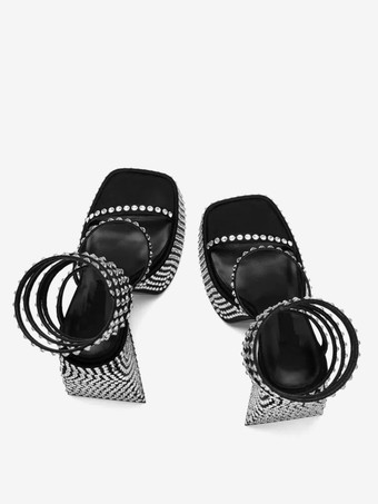 ハイヒール パーティーサンダル プラットフォーム ラインストーン プラットフォーム ストラップ チャンキーヒール サンダル