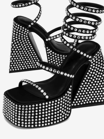 ハイヒール パーティーサンダル プラットフォーム ラインストーン プラットフォーム ストラップ チャンキーヒール サンダル