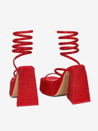 ハイヒール パーティーサンダル プラットフォーム ラインストーン プラットフォーム ストラップ チャンキーヒール サンダル