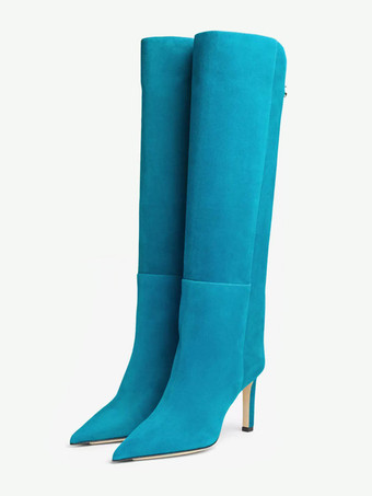 ライトスカイブルースエードニーブーツ ハイヒール ポインテッドトゥ ニーハイブーツ