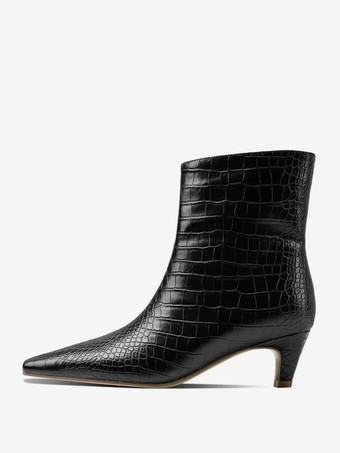 ブラック ブラック アンクルブーツ ストーン柄 スクエアトゥ 特殊形状ヒール ブーティ