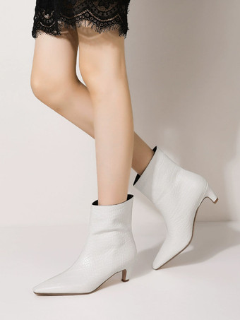 ホワイト ブラック アンクルブーツ ストーン柄 スクエアトゥ 特殊形状ヒール ブーティ