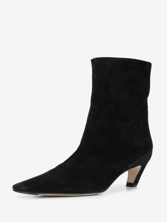 ブラック ブラウン スエード アンクルブーツ キトンヒール スクエアトゥ ブーティ