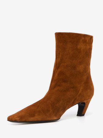 ブラウン スエード アンクルブーツ キトンヒール スクエアトゥ ブーティ