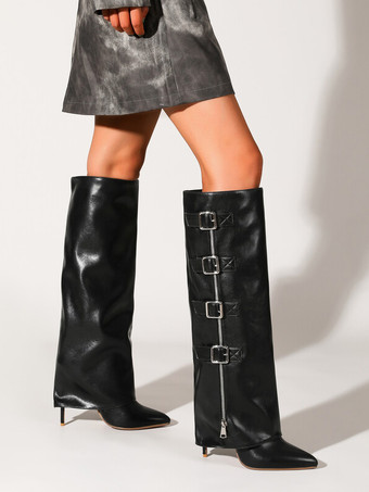 Stivali alti al ginocchio marroni Stivali a punta con fibbia ripiegabile da donna Stivali larghi al polpaccio con tacco a spillo