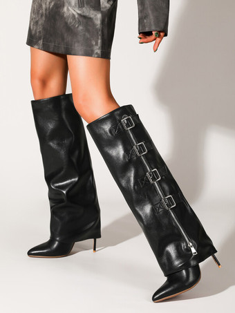 Stivali alti al ginocchio marroni Stivali a punta con fibbia ripiegabile da donna Stivali larghi al polpaccio con tacco a spillo