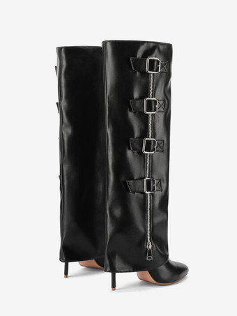 Stivali alti al ginocchio marroni Stivali a punta con fibbia ripiegabile da donna Stivali larghi al polpaccio con tacco a spillo