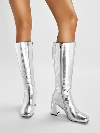 チャンキーヒールニーハイブーツスクエアトゥジップアップハイヒールブーツ