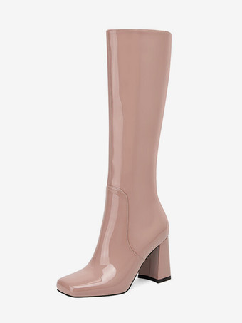 チャンキーヒールニーハイブーツスクエアトゥジップアップハイヒールブーツ