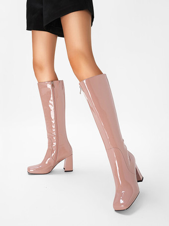 チャンキーヒールニーハイブーツスクエアトゥジップアップハイヒールブーツ