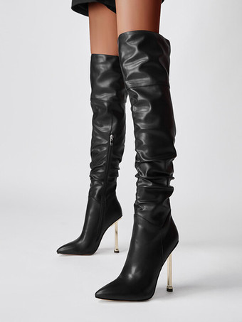 ブラック ブラック オーバーニーブーツ ハイヒール ポインテッドトゥ スラウチ サイハイブーツ