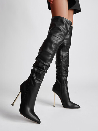 ブラック オーバーニーブーツ ハイヒール ポインテッドトゥ スラウチ サイハイブーツ