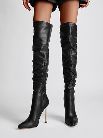 ブラック オーバーニーブーツ ハイヒール ポインテッドトゥ スラウチ サイハイブーツ