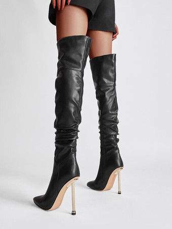 ブラック オーバーニーブーツ ハイヒール ポインテッドトゥ スラウチ サイハイブーツ