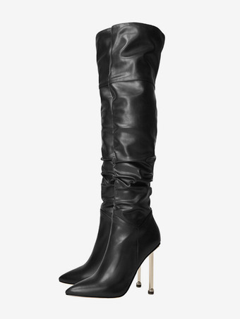 ブラック オーバーニーブーツ ハイヒール ポインテッドトゥ スラウチ サイハイブーツ