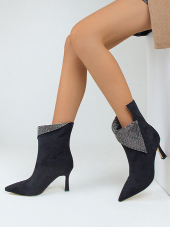 ブラック レディース アンクルブーツ ラインストーン ポインテッドトゥ スエード パーティーブーツ