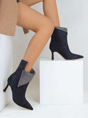 レディース アンクルブーツ ラインストーン ポインテッドトゥ スエード パーティーブーツ