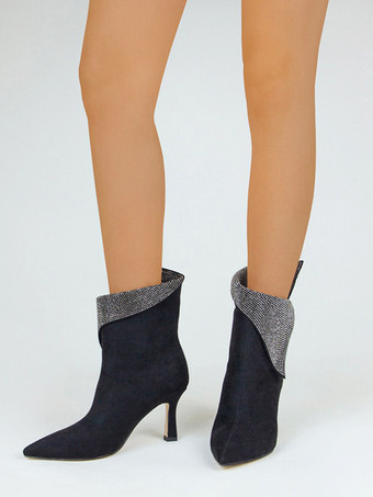 レディース アンクルブーツ ラインストーン ポインテッドトゥ スエード パーティーブーツ