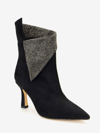 レディース アンクルブーツ ラインストーン ポインテッドトゥ スエード パーティーブーツ