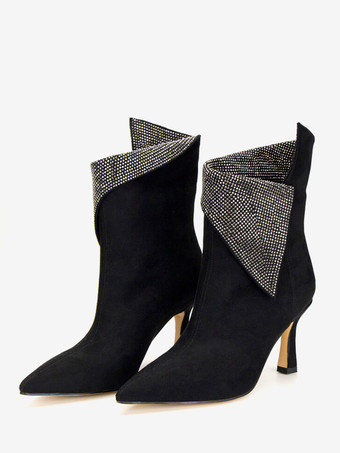 レディース アンクルブーツ ラインストーン ポインテッドトゥ スエード パーティーブーツ