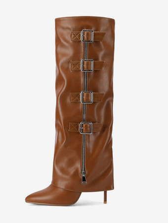 Marrone Stivali alti al ginocchio marroni Stivali a punta con fibbia ripiegabile da donna Stivali larghi al polpaccio con tacco a spillo