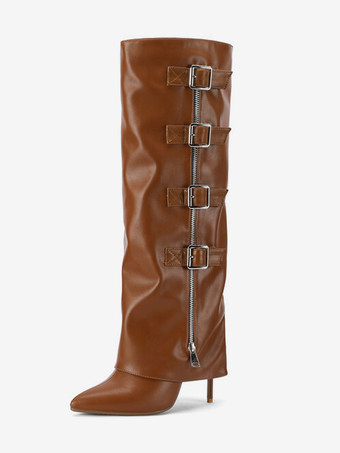 Stivali alti al ginocchio marroni Stivali a punta con fibbia ripiegabile da donna Stivali larghi al polpaccio con tacco a spillo