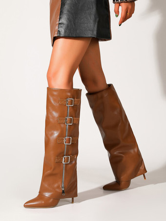 Stivali alti al ginocchio marroni Stivali a punta con fibbia ripiegabile da donna Stivali larghi al polpaccio con tacco a spillo