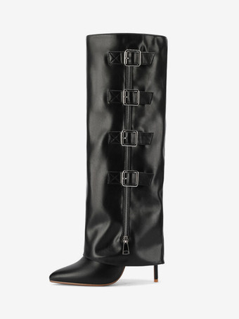 Nero Stivali alti al ginocchio marroni Stivali a punta con fibbia ripiegabile da donna Stivali larghi al polpaccio con tacco a spillo