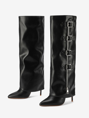 Stivali alti al ginocchio marroni Stivali a punta con fibbia ripiegabile da donna Stivali larghi al polpaccio con tacco a spillo