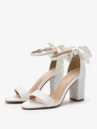 Chaussures de mariage blanches avec n uds bout ouvert strass talon epais chaussures de mariee Milanoo